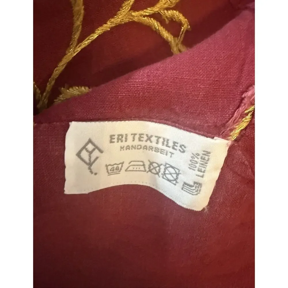 Vintage Linen Embroidered Bedspread 105x172 Red Gold Floral Handmade